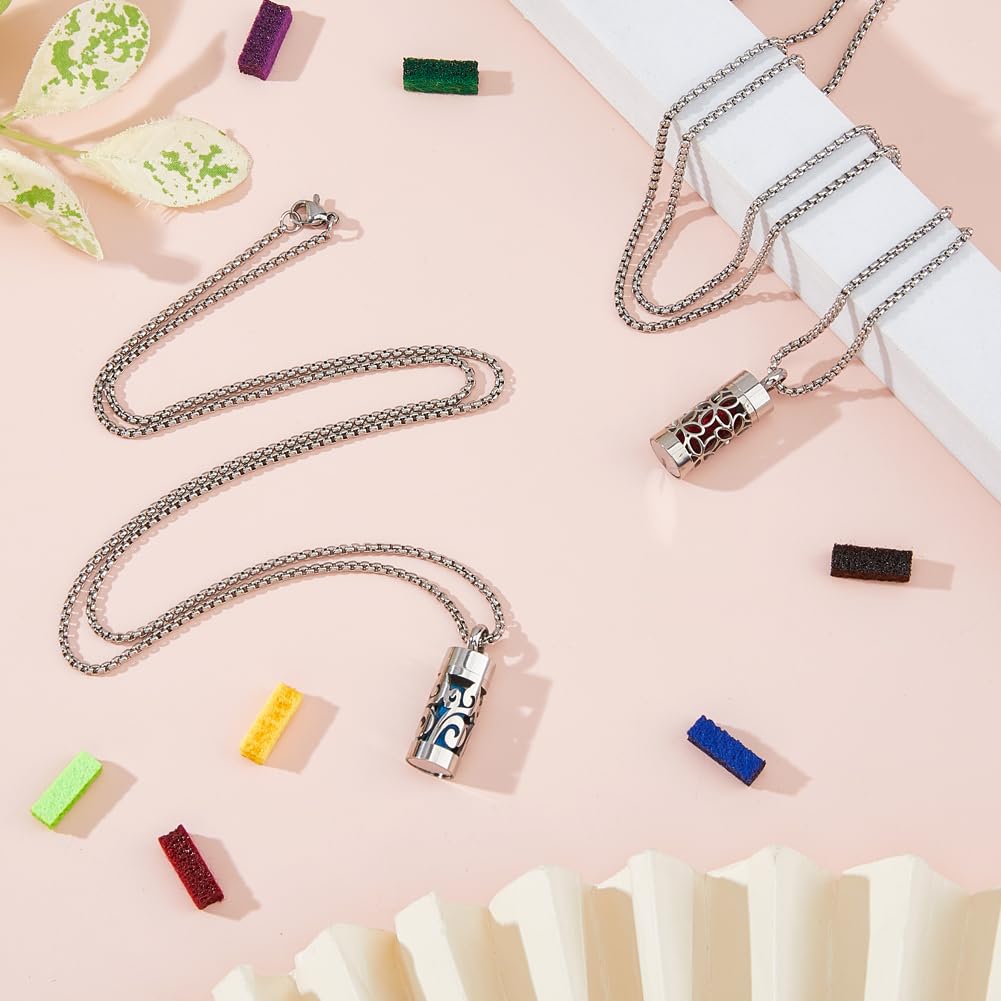 SUPERFINDINGS 2 Style Diffuser Oil Pendant Essential Oil Necklace Stainless Steel Perfume Diffuser Interchangeable Perfume Pads Aromatherapy Bottle Necklaces for Woman Men 70.5cm