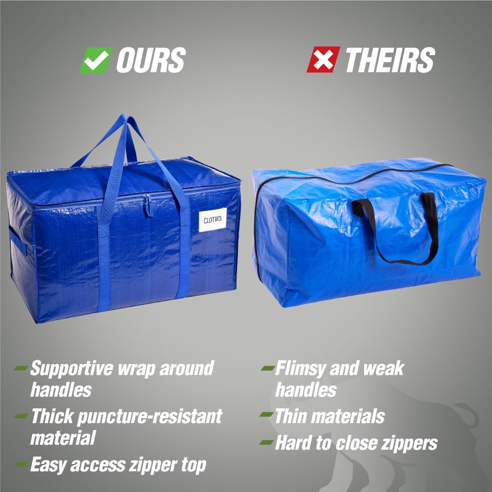 RUGGED RHINO 4 Pack Heavy Duty Extra Large Blue Moving Bags, Durable Bag with Strong Handles and Zipper, Moving Boxes Alternative for College Packing, Holiday Décor, Space Saving Storage with Label