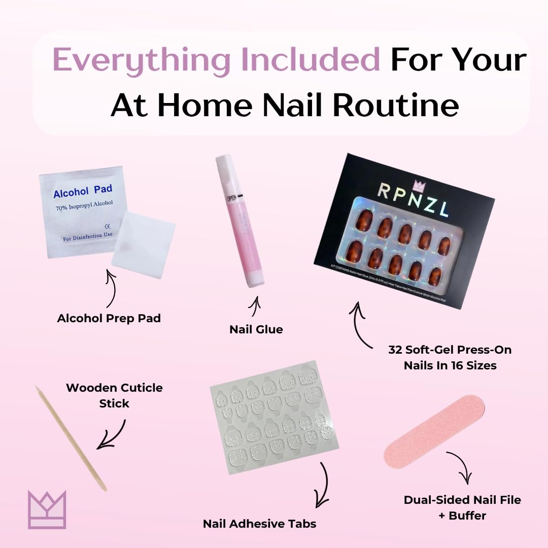 RPNZL Press On Nails - Tortoise | Amber Tortoise Shell Short Oval, Salon Quality | 32 Nails, 16 Sizes Kit with Glue and Adhesive Tabs I Female Founded - Beauty, Self Care