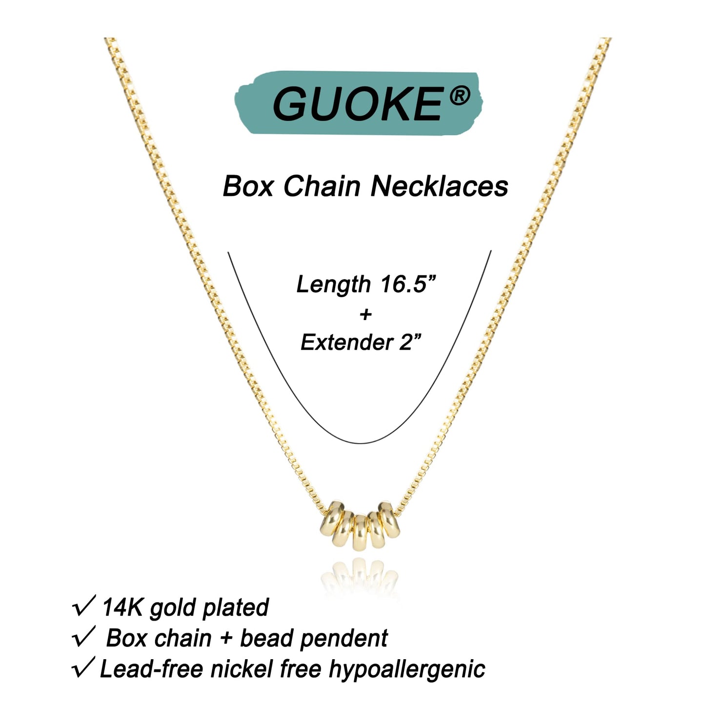 GUOKE Flat Bead Necklace - 14K Gold Plated Dainty Gold Necklace Simple Jewelry for Women