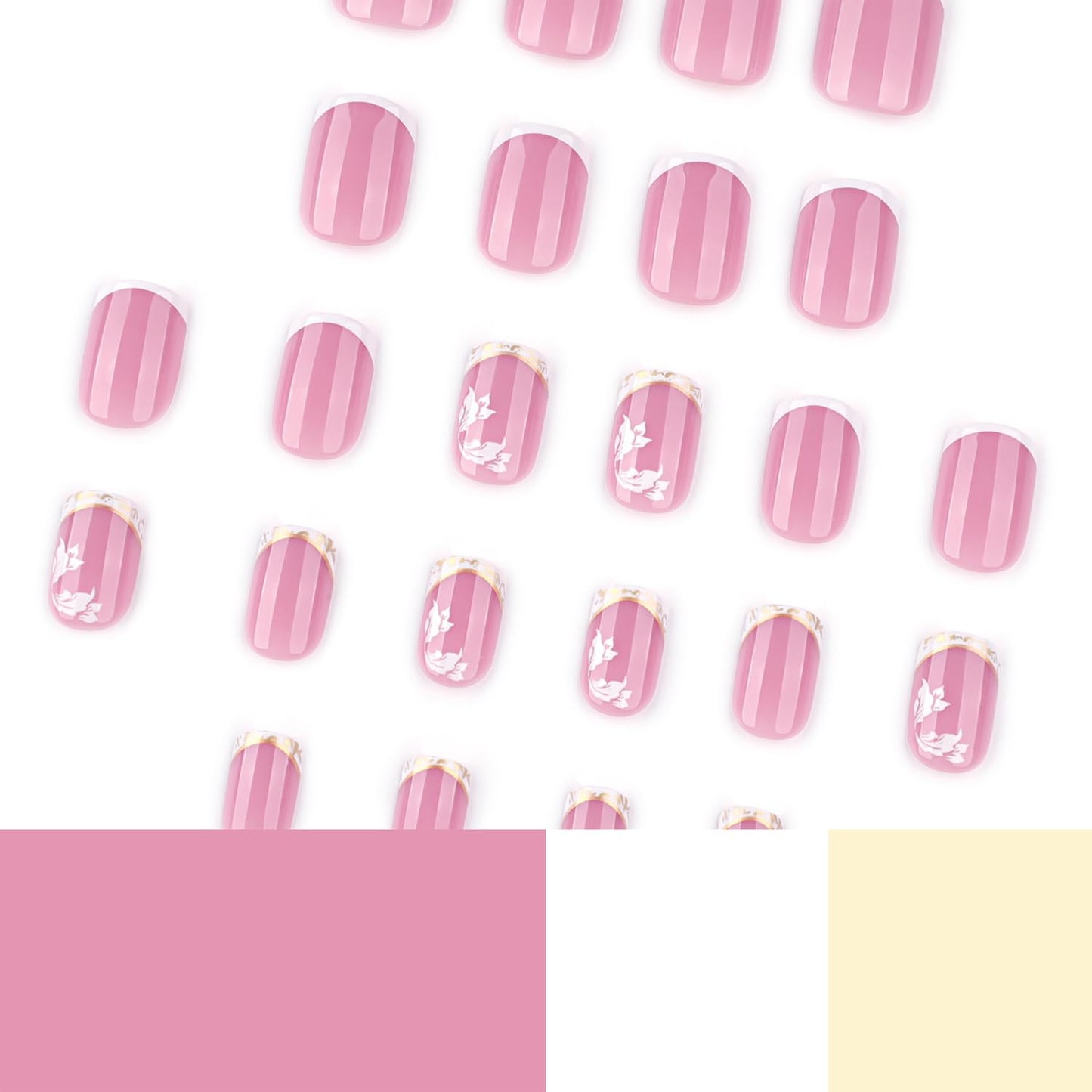 White French Tip Press on Nails Short Square Fake Nails with Flower Designs Summer Floral Glue on Nail Reusable Artificial Extra Short Acrylic Full Cover Stick on False Nail for Wedding Women 24 Pcs