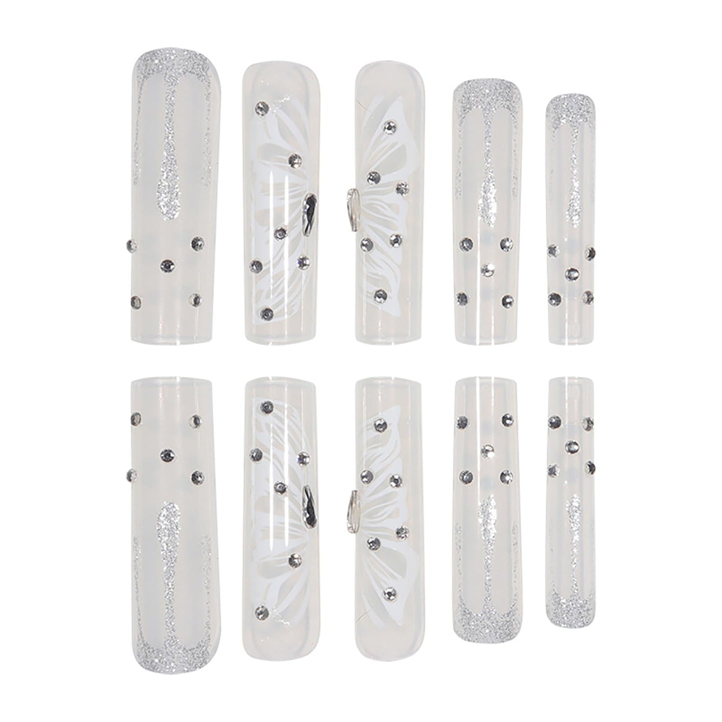 RTKHFZE Long Coffin Press on Nails Cute Acrylic Fake Nails Nude Glitter False Nails with Butterfly Pattern Designs Rhinestone Artificial Nails Full Cover Stick on Nail for Women 24Pcs