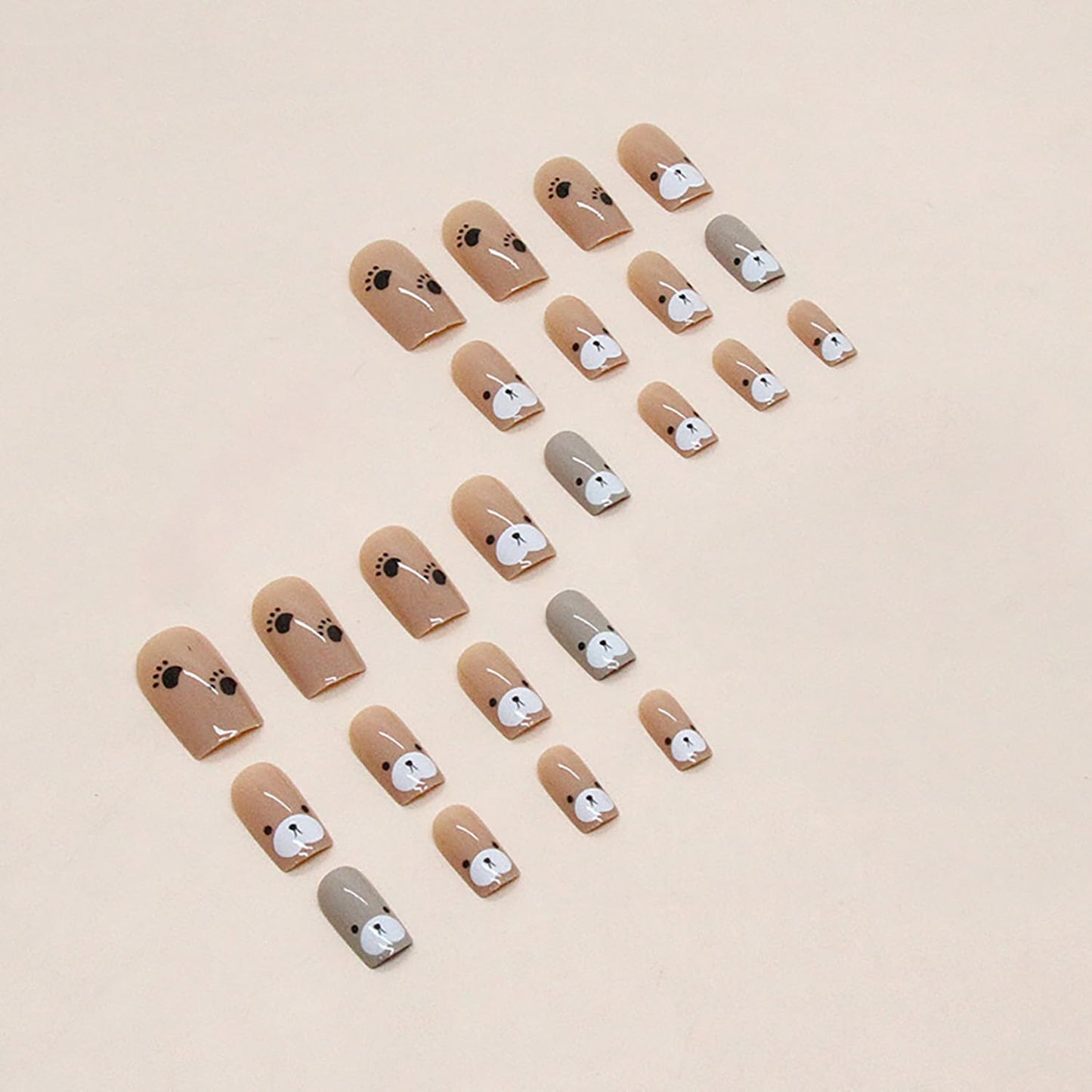 EYZOTSF Press on Nails Square Short Length Acrylic Glossy Full Cover Cute French False Nails with Bear Designs Artificial Extra Short Square Shaped Fake Nails Glue ons Fingernails for Women