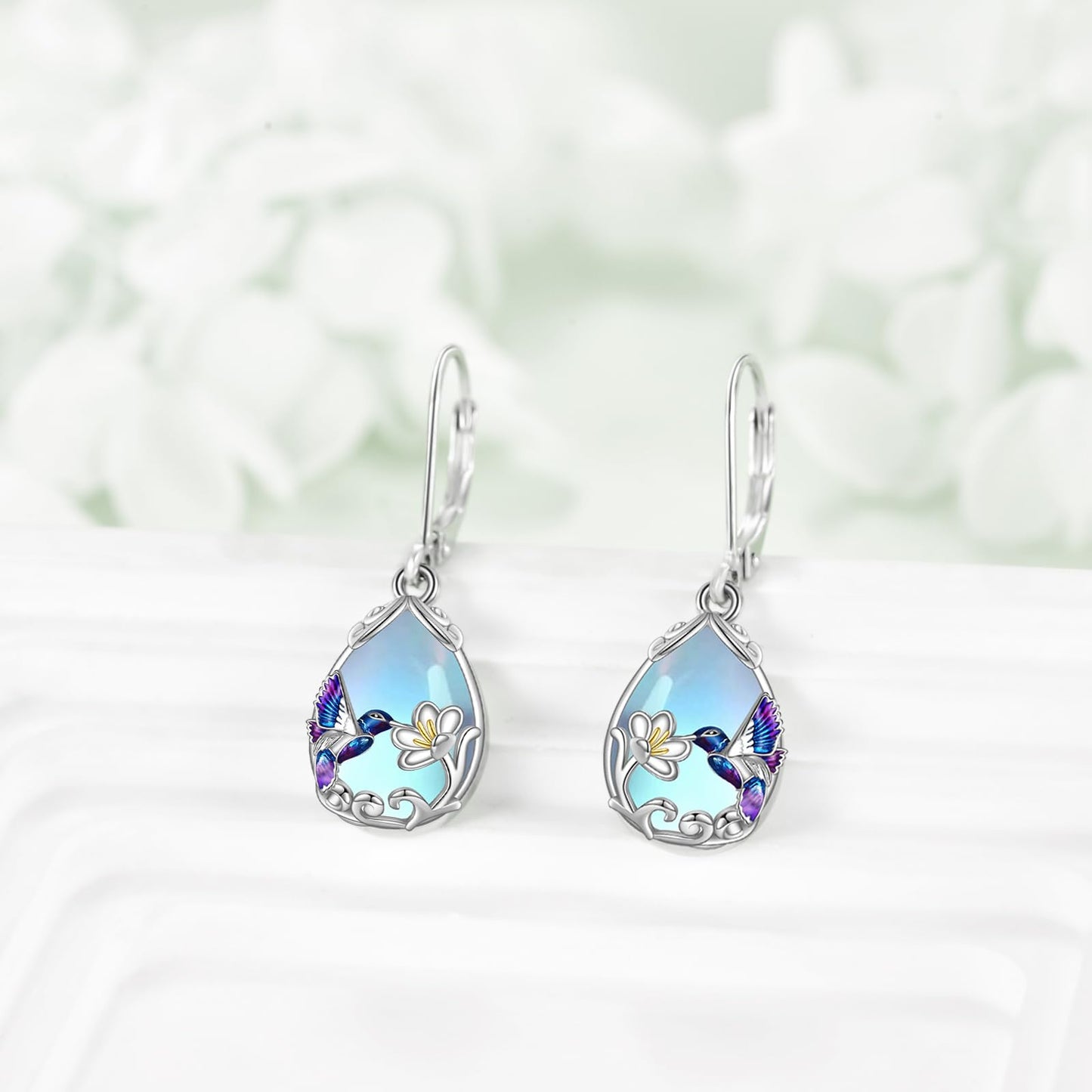YFN Hummingbird Flower Dangle Earrings with Blue Enamel and Purple Moonstone Earrings, 925 Sterling Silver