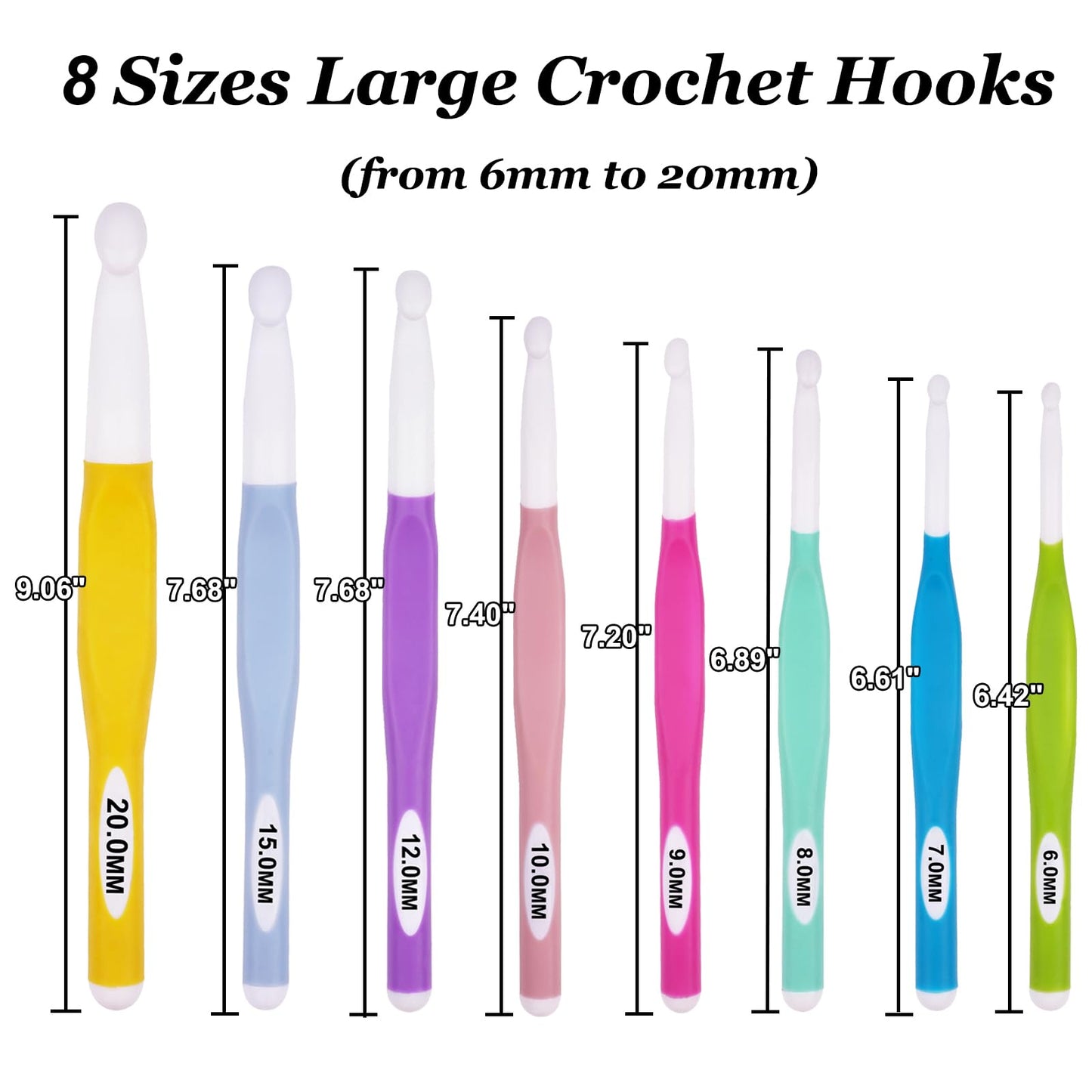 Hobekoee 36Pcs Crochet Hooks Set with Case,8 Sizes Ergonomic Crochet Hooks for Arthritic Hands,Long Crochet Needles 6mm-20mm Crochet for Weaving Blankets,Coaster,Bag