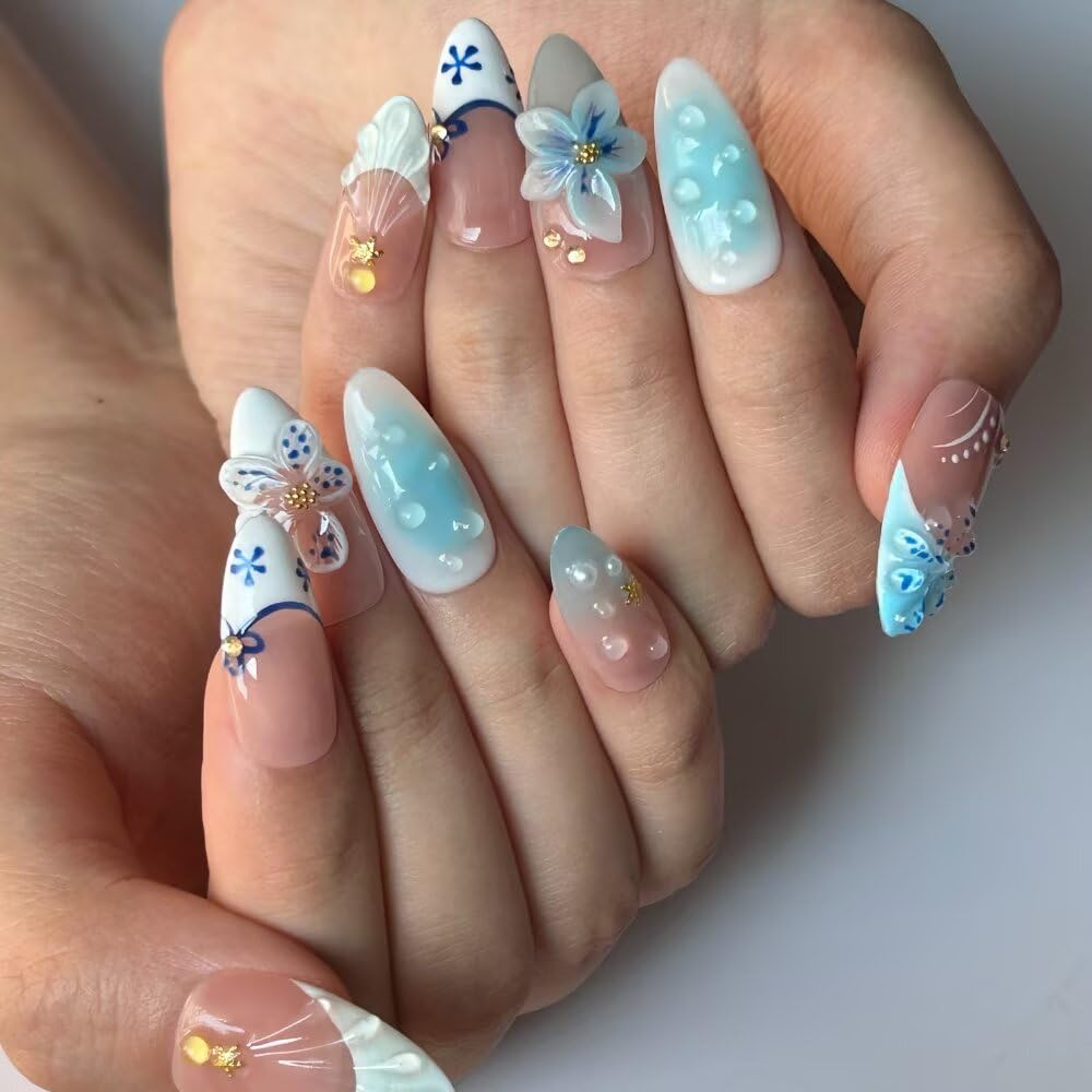 Handmade Acrylic Press On Nails Almond, 3D Press On Nails Medium Fasle Nails, Blue Floral Nails French Tip For Women, Reusable Stick On Fake Nails Kit With Nail File (Size S）