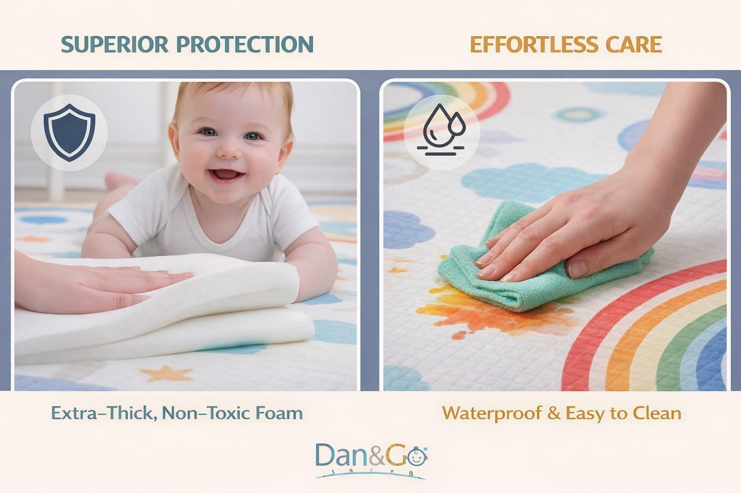 DAN&GO Extra Large Baby Play Mat, Foldable, Double-Sided, Beige, Non-Toxic XPE Material, Portable Activity Floor Mat for Babies 0-12 Months & Kids, Educational Design (Ocean, 71 * 79 * 0.4)