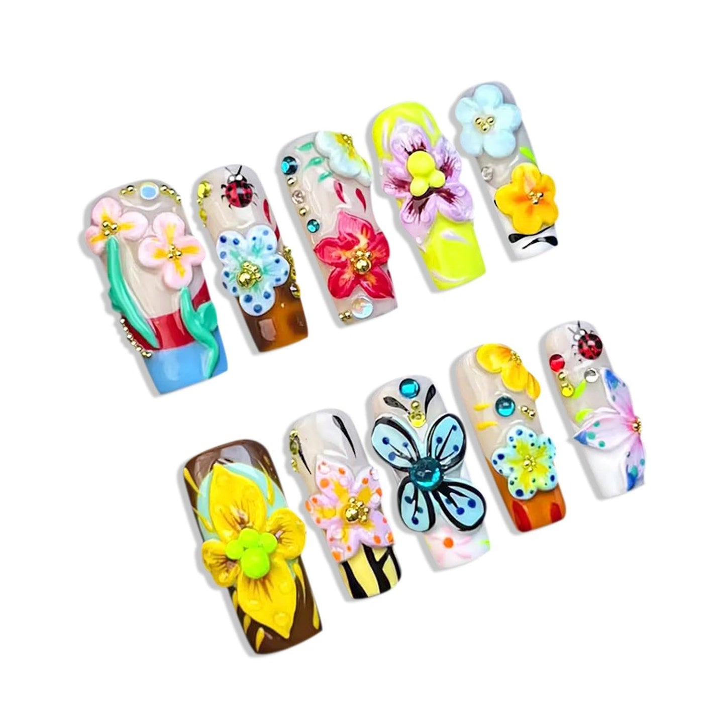 Handmade 3D Sweet Pastoral 3D Floral Square Press On Nails, Playful Rhinestone Artisan Nails Set, Reusable Glossy Press-ons with Tool Kit(S)