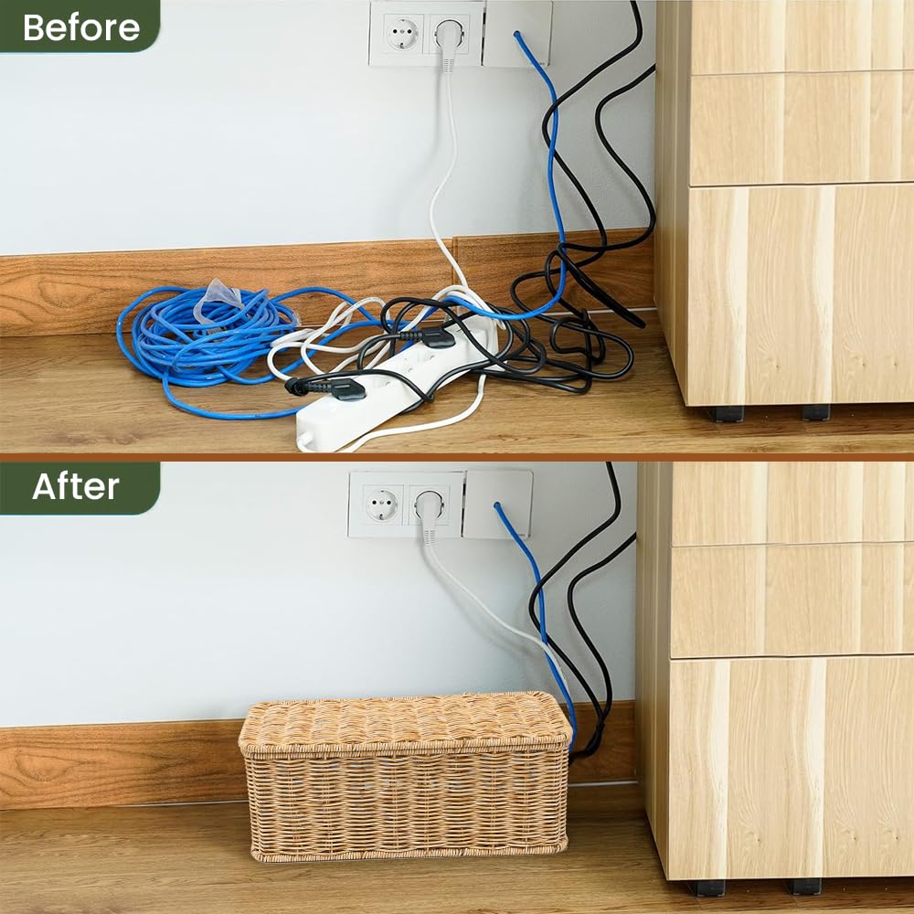 Cable Management Box, Handmade Rattan Cable Organizer with 2 Open Slots, Cord Hider for Power Strip, Router & USB Hub, Registered U.S. Design Patent (D1,112,102), 13" x 5.1" x 5.1", Natural