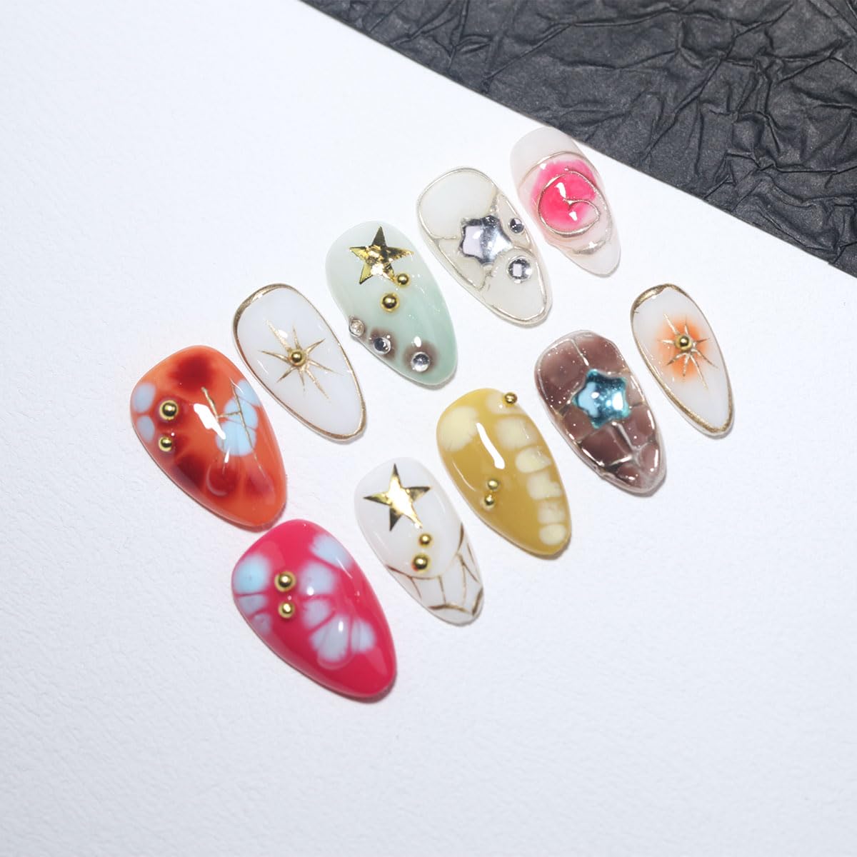 10Pcs Short Almond Handmade Press On Nails | Easy Apply & Remove, Reusable Salon Quality Nails | Colorful Y2K Fake Nails with 3D Star, Gold Accents & Rhinestone (RR06, XS)