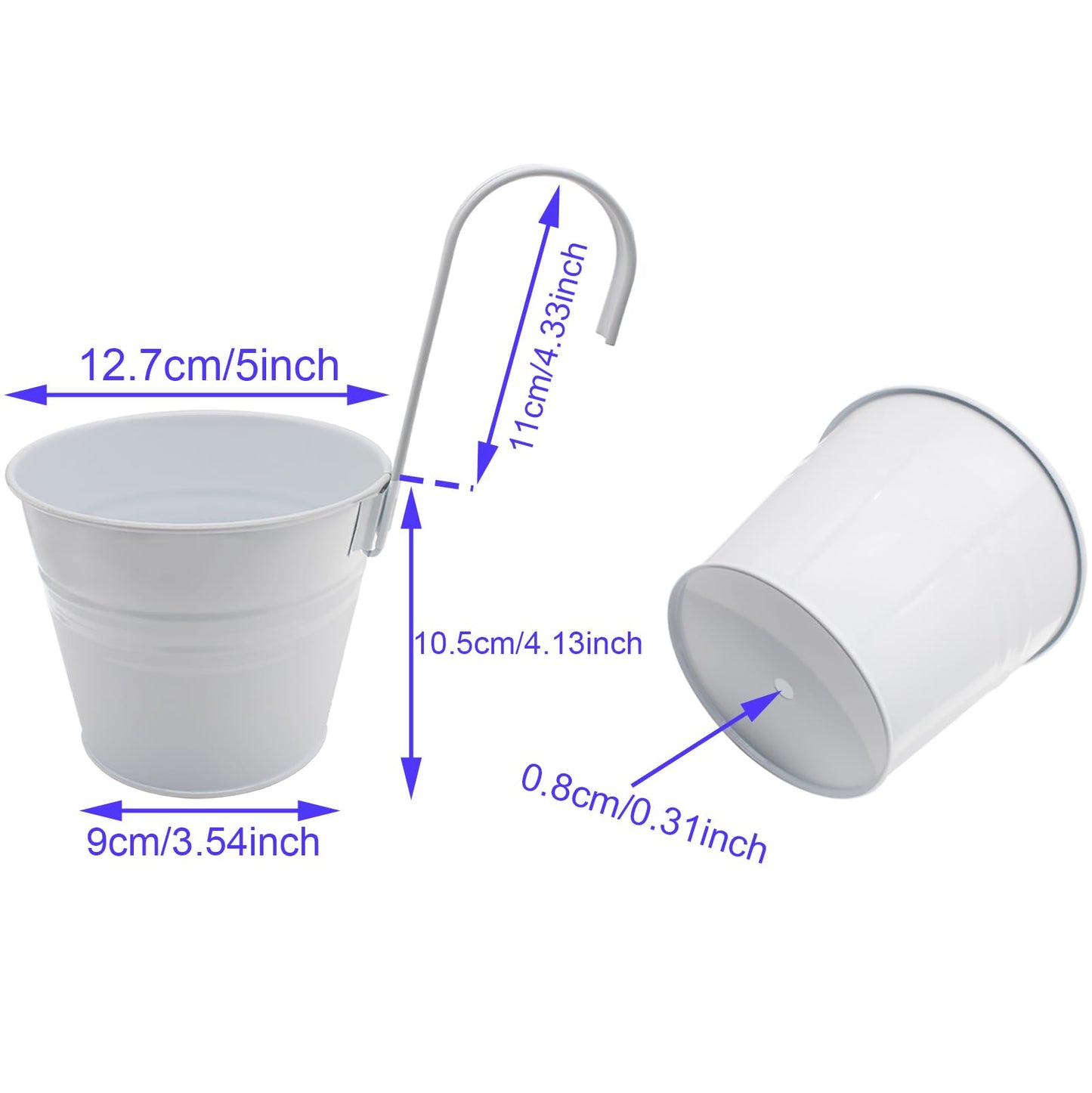 HAJXZH 4PCS White Balcony Decor Iron Flower Pot 5'' Hanging Plant Metal Buckets with Detachable Hooks and Drainage Holes for Railing Patio Garden Decor