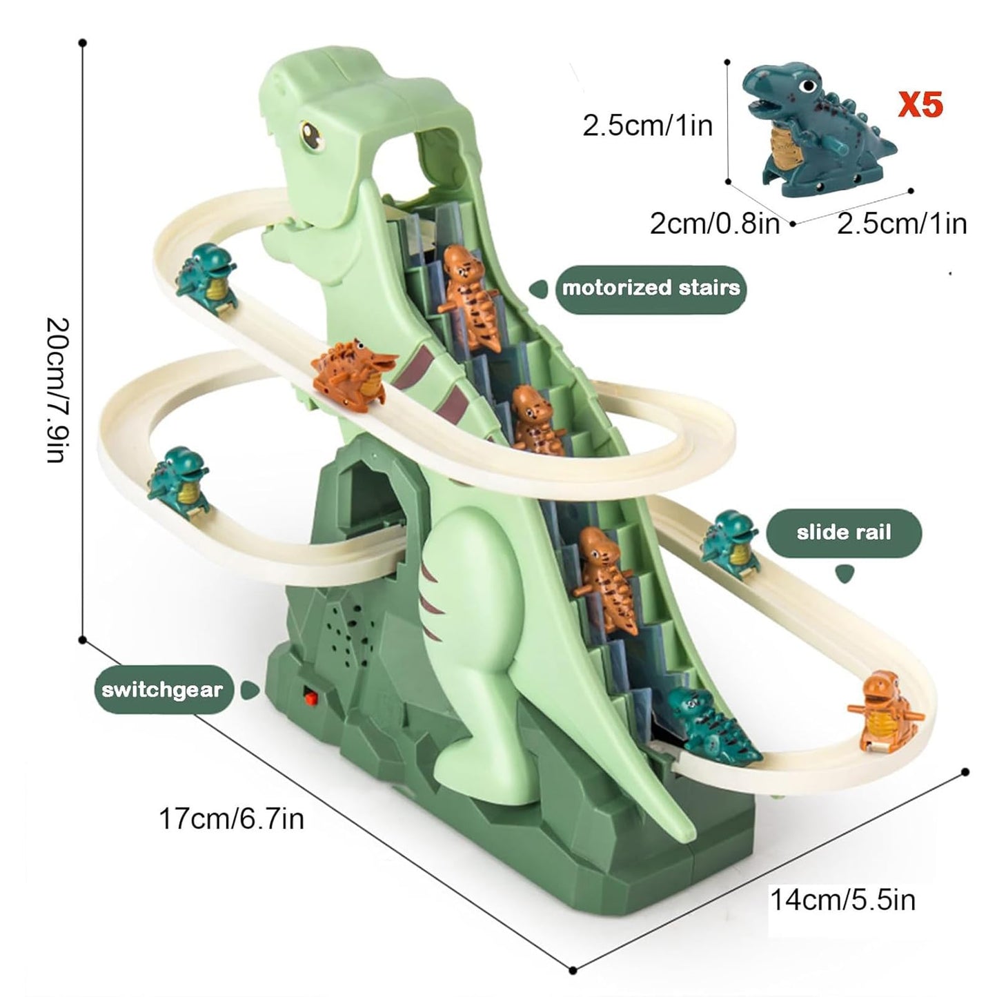 Dinosaur Chasing Race Track, Dinosaur Climbing Slide Stair Toy, Electric Dino Roller Coaster with Light and Music Electric Race Track Game Set Fun Track Slide