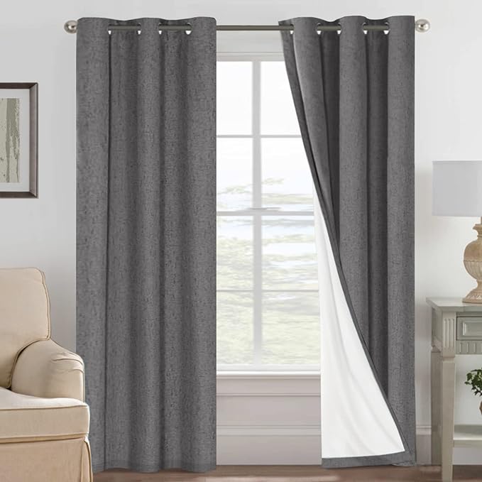 H.VERSAILTEX Primitive Linen Curtains 100% Blackout Curtain Drapes Burlap Fabric Curtains with White Thermal Insulated Liner, Grommet Top Drapes Living Room/Bedroom (2 Panels, 42 x 84 Inch, Grey)