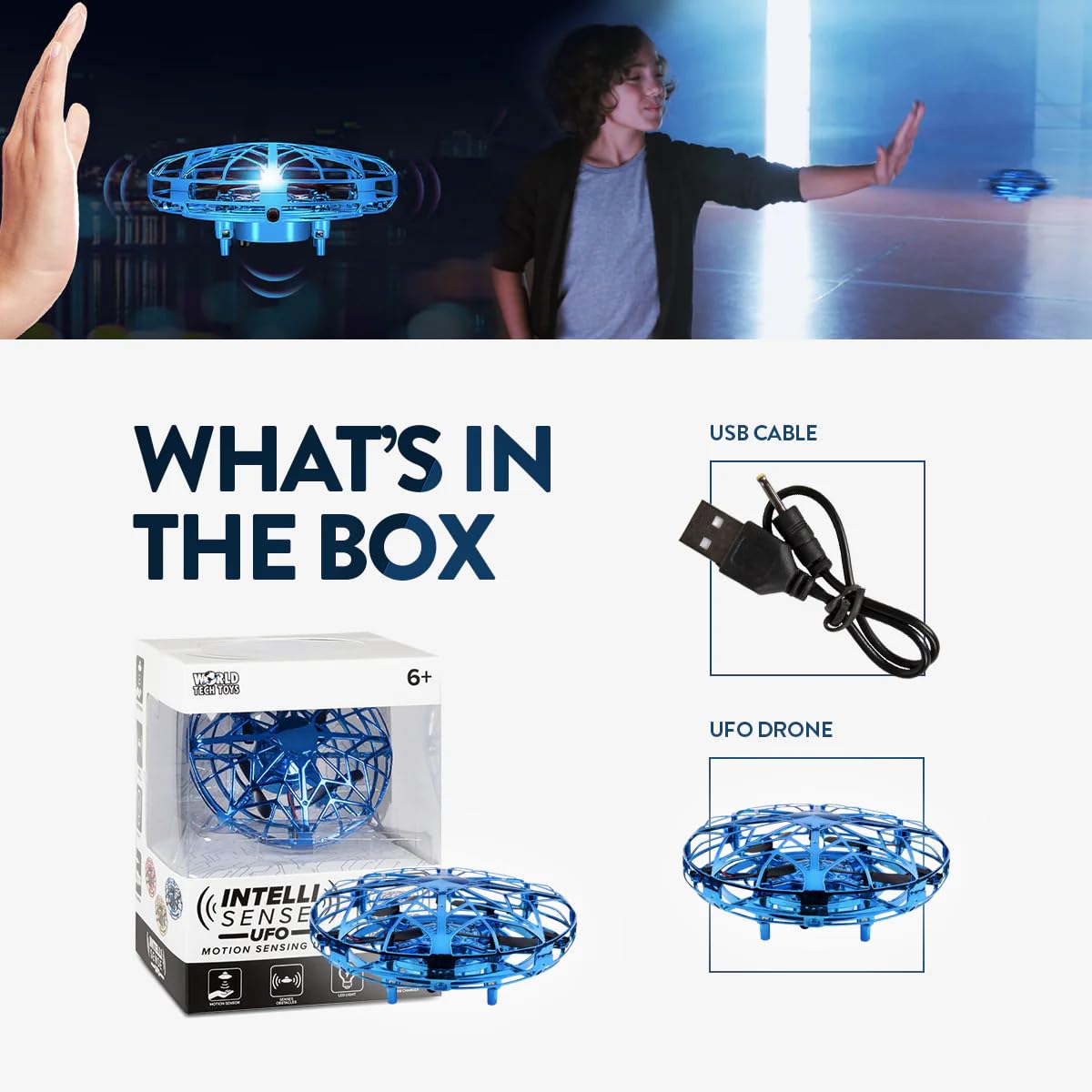 World Tech Toys Intelli UFO - UFO Drone Motion Sensing Helicopter - Easy to Fly Toy for Boys Girls or Kids (Blue)