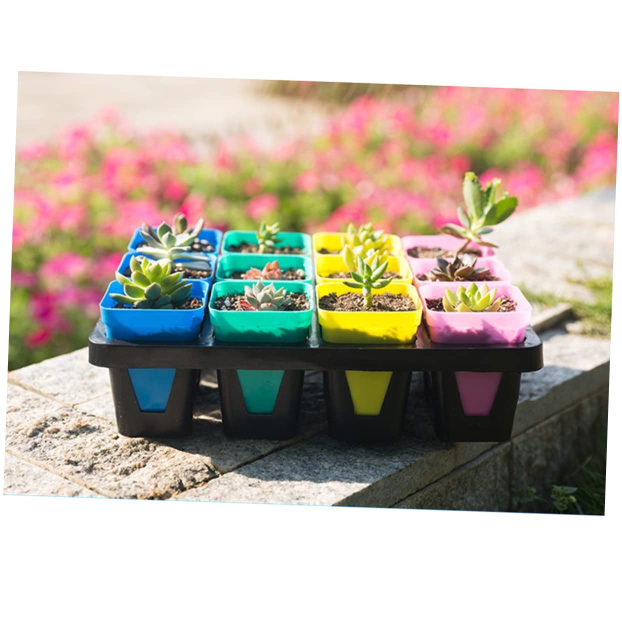 MERRYHAPY 3pcs Plastic Flowerpot Tray with Compartments Breathable Water-Storing Succulent Holder Bracket for Indoor Plants Planter Support Black