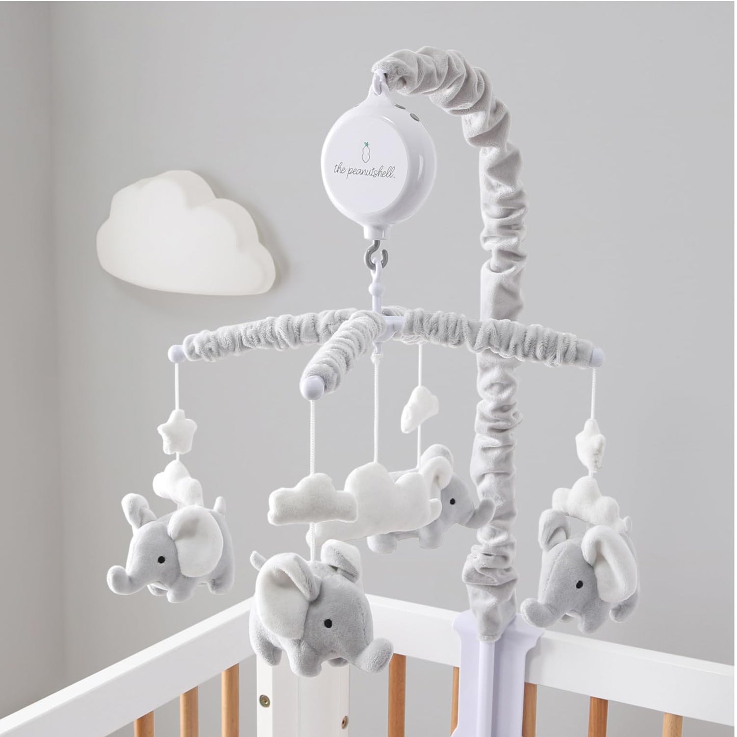 The Peanutshell Crib Mobile for Girls or Boys - Soft Grey Musical Baby Crib Mobile with 12 Lullabies, Cute Elephant Baby Grey Elephant Nursery Decor
