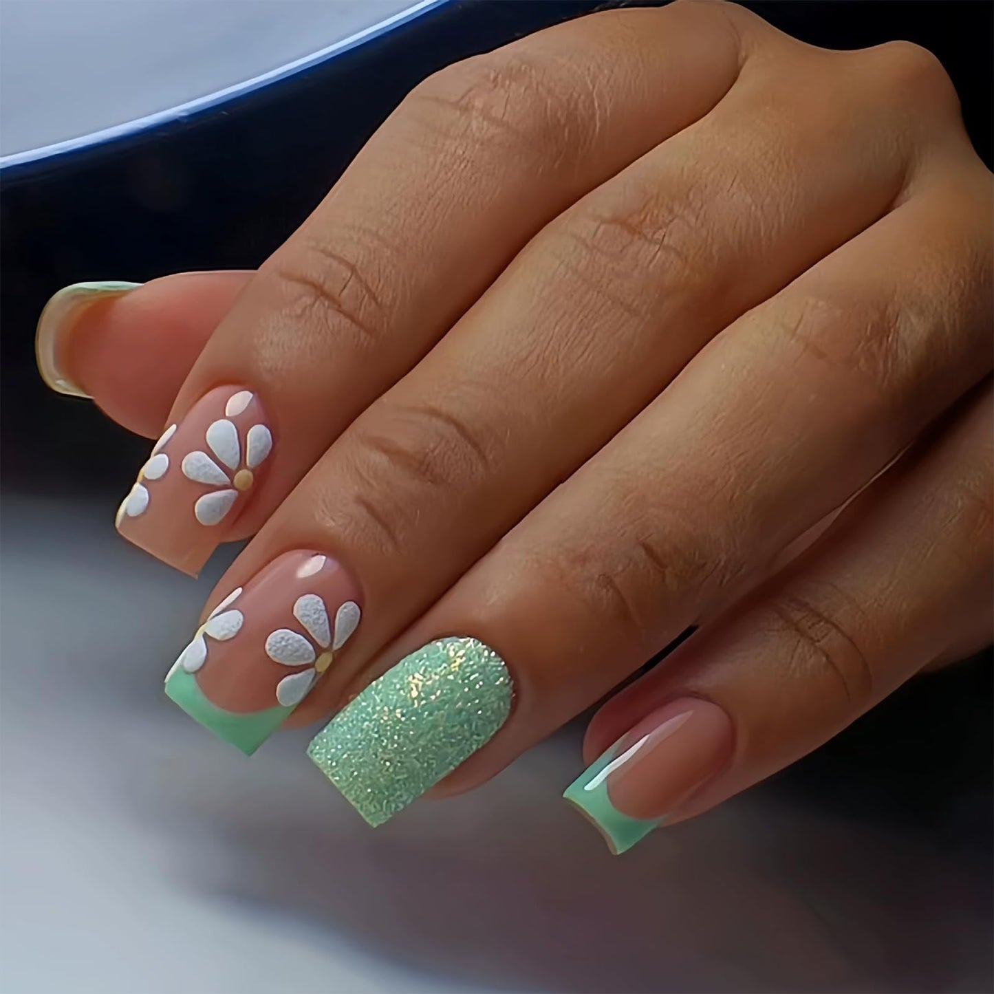 RUPOFUZA Green French Press on Nails Square Short Glitter Green Fake False Nails with Floral Full Cover Stick on Nail Acrylic Artificial Short Glue on Nail for Women 24Pcs