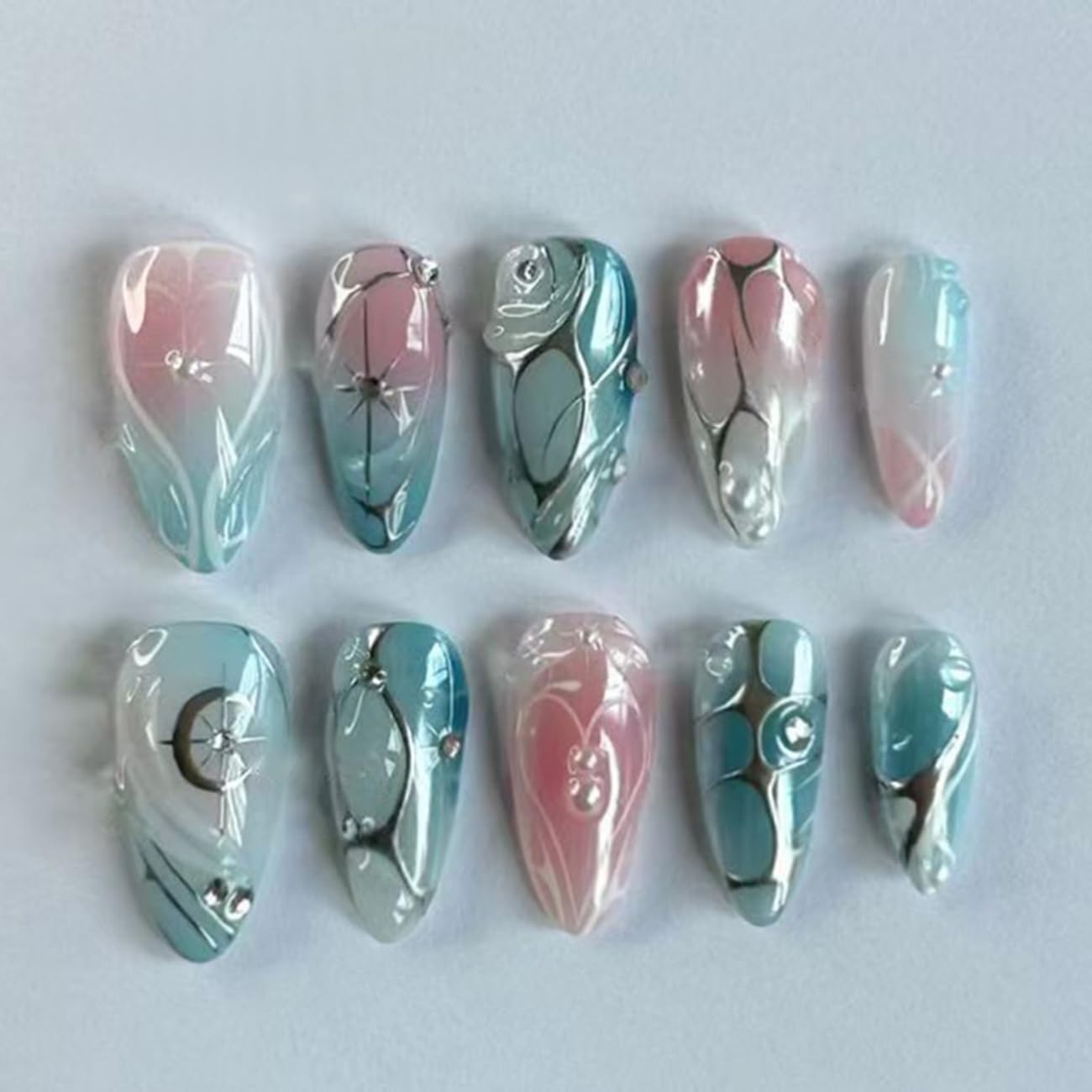 24 Pcs Ombre Blue Press on Nails Short Almond,MINGCHUN Fall Fake Nails Press ons Acrylic Nail Art Tips Kit Full Cover False Nails Glue on Nails with Starburst 3D Texture Design for Women Nail Supplies