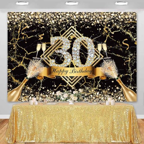 Sensfun Black Gold 30th Birthday Backdrop 30 Years Old Happy Birthday Decorations Banner for Women Diamond Thirty Birthday Party Suppiles Marble Champagne Photography Background Photoshoot Prop 10x7ft - size: 10x7ft