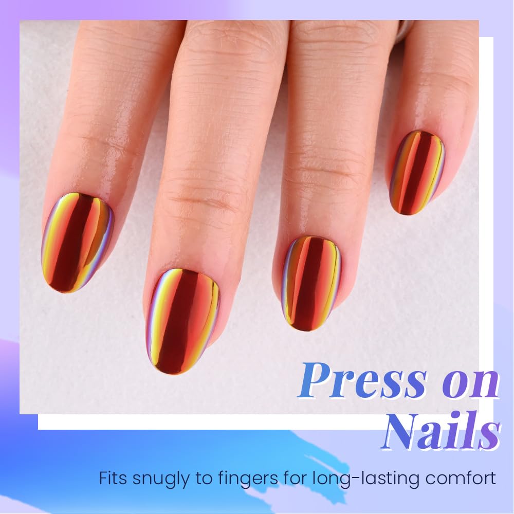 evpct Red Gold Glazed Press on Nails Short Oval, Short Oval Chrome Metallic Aurora Stick on Nail for Women, Reusable Full Cover Soft Press on Fake Nail Perfectly Fit with Glazed Design Salon Quality