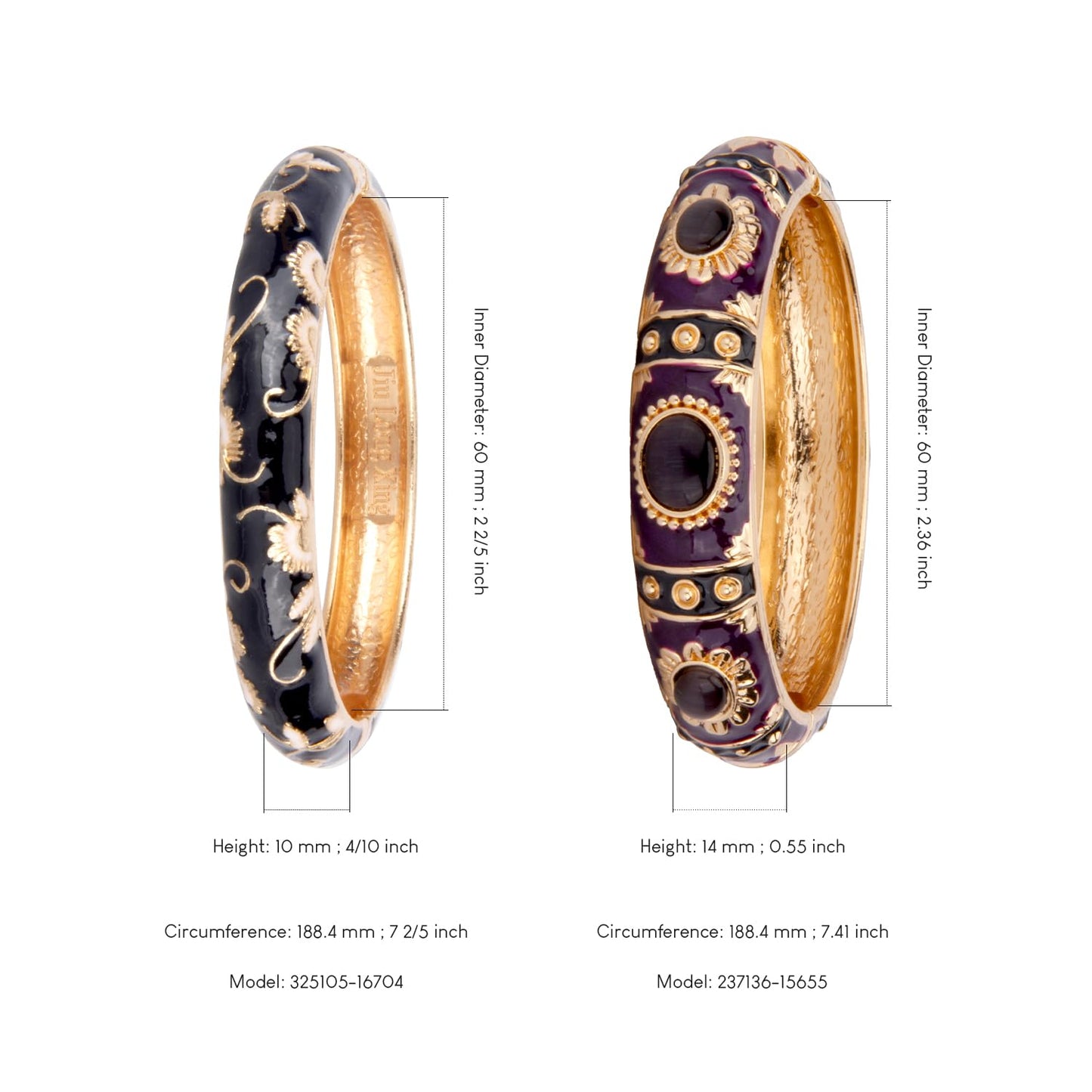 UJOY Vintage Cloisonne Jewelry Bracelet Plated Handmade Bead Rhinestones Enamel Spring Cuff Bangles 2 Pcs Set for Womens Gift 7735-55A108 pueple Black