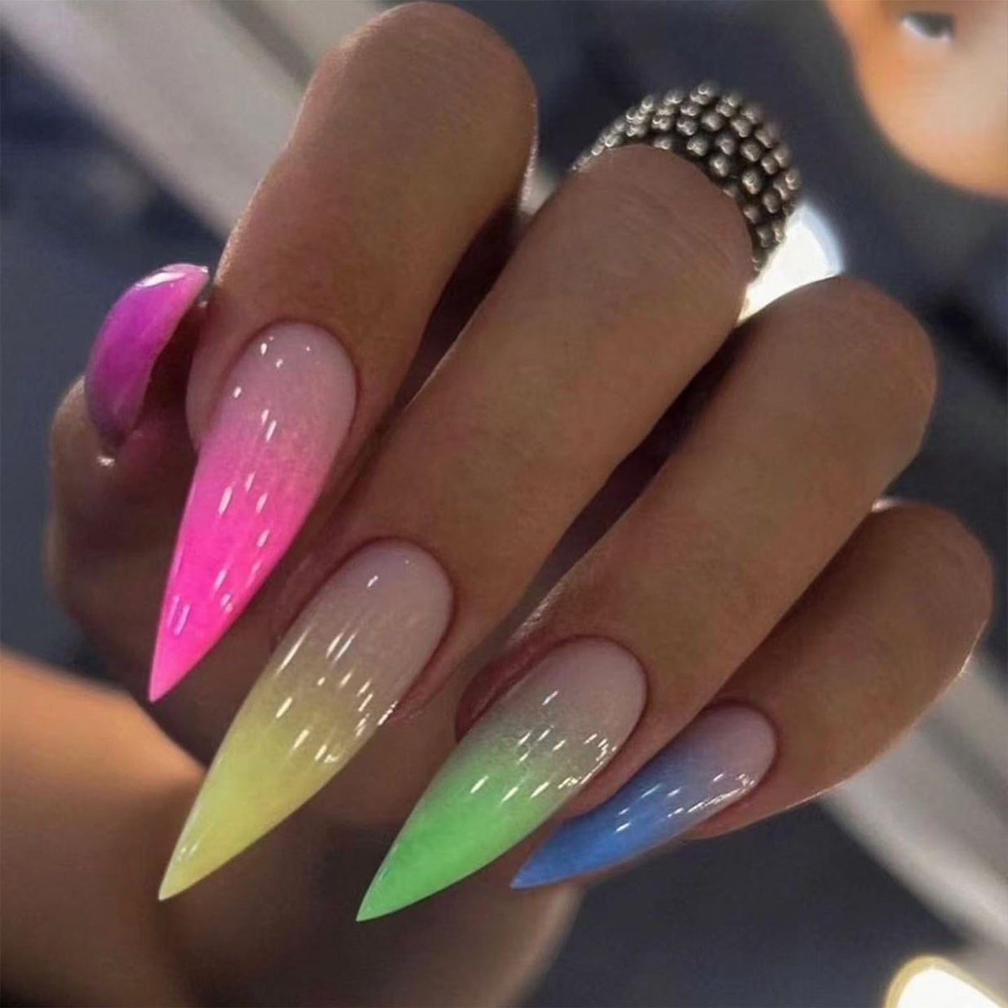 IMRAIN Colorful Ombre Press on Nails Long Stiletto Fake Nails Gradient Artificial False Nails Glossy Pink, Yellow, Green, Blue Acrylic Nails Full Cover Spring Stick on Nails