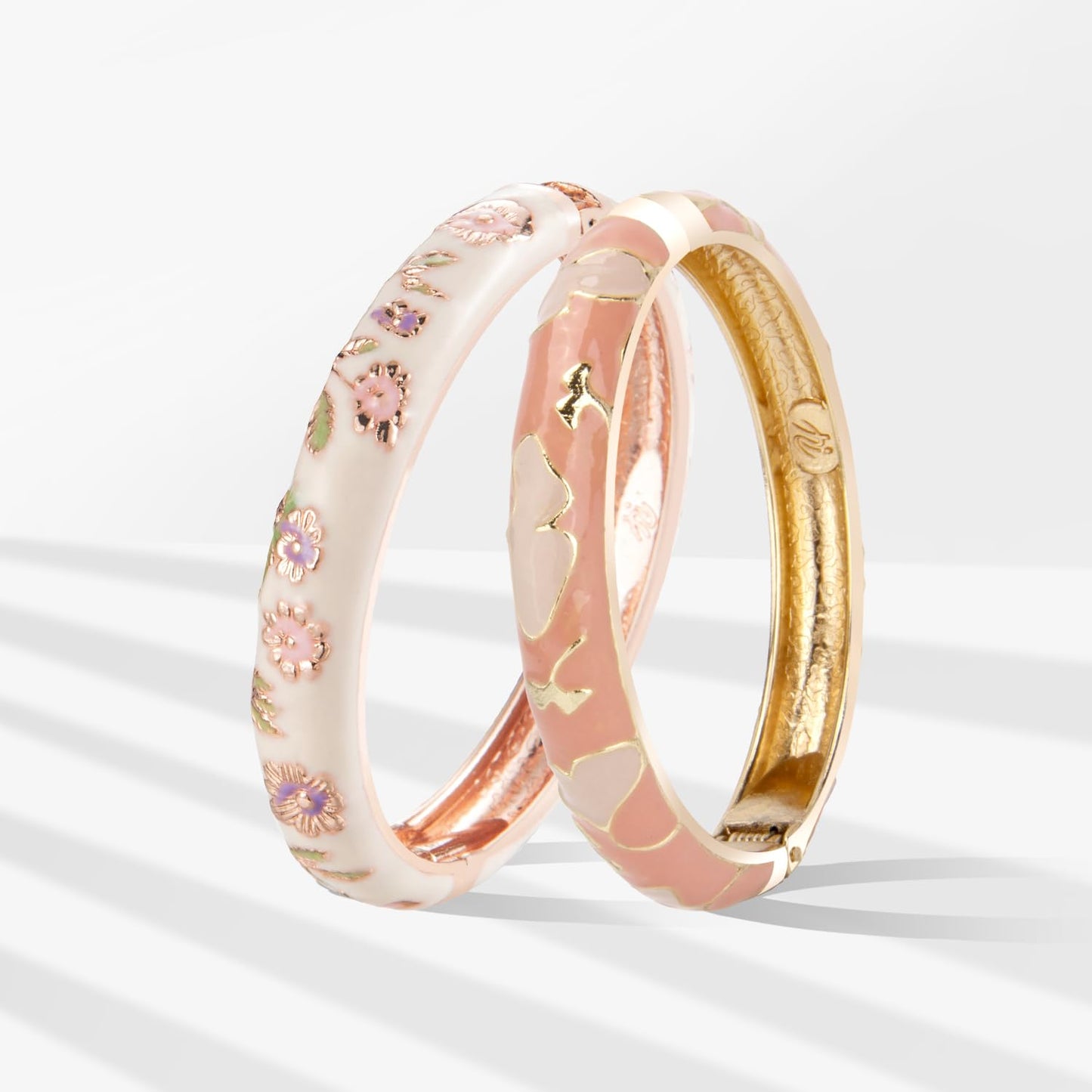 UJOY Elegant Bracelet Plated Enameled Jewelry Spring Hinge Metal Cuff Flower Heart Cloisonne Bangles Set Gift Box Packed 55A18-55A45 Cream Pink
