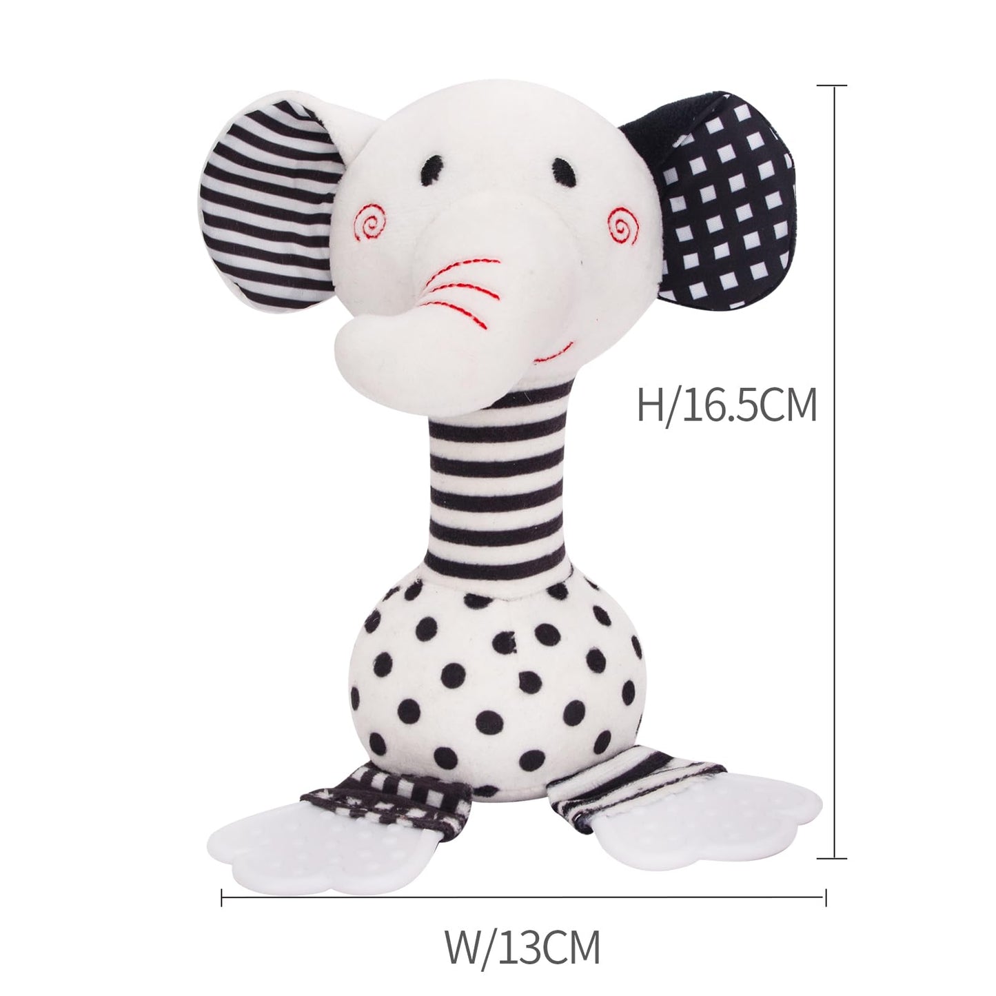 JINBOBUBU Black & White Elephant Baby Toys 0-12 Months - Plush Sensory Rattle with Teether, Wind Chime, BB Squeaker & Embroidery for Visual, Hearing & Cognitive Development