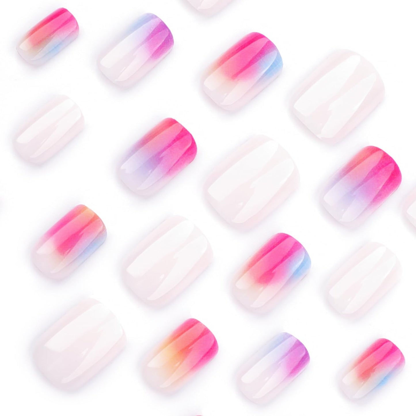 Gentle Claws Haute Press On Nails | Nubela | Gradient Pink, Blue, Orange Multicolor Short Square Nails with Shimmery Glossy Finish