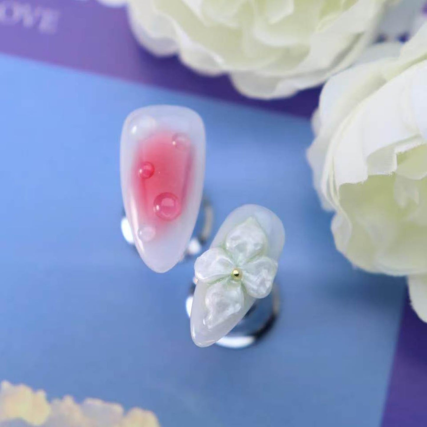 3D Floral Press on Nails Medium Almond Fake Nails Pure Handcrafted Nail Aurora Ombre Nail Press ons with Butterfly Design Stick on Nail for Women Spring Manicure(M)