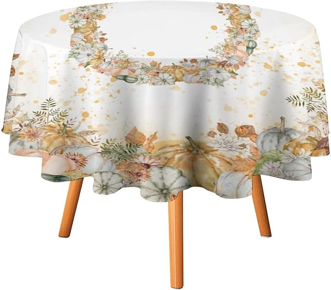 YCness Fall Tablecloth Thanksgiving Autumn Harvest Orange Watercolor Pumpkin Leaves Table Cover for Party Picnic Dinner Decor 36x36 Inch Round