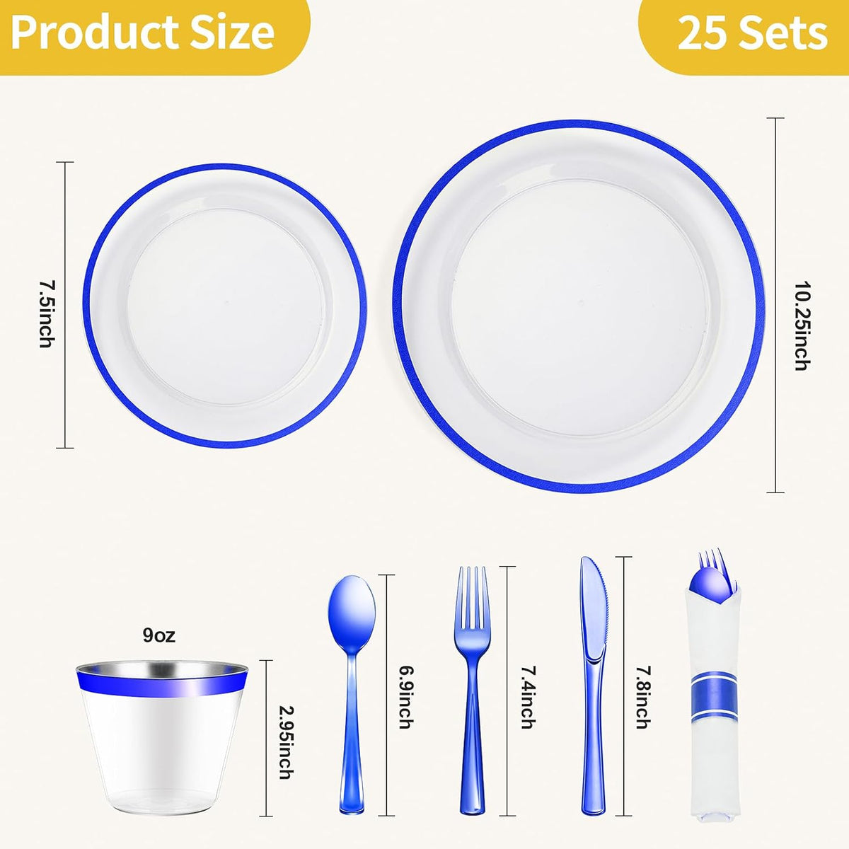 Goodluck 175 Piece Dark Blue Plastic Dinnerware Set for Party, Clear Disposable Plates for 25 Guests, Include: 25 Dinner Plates, 25 Dessert Plates, 25 Pre Rolled Napkins with Cutlery Set, 25 Cups