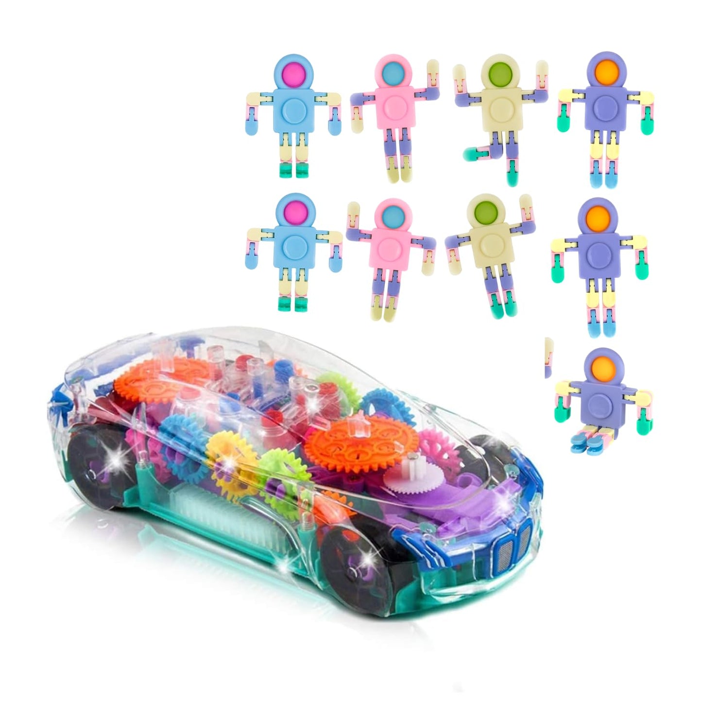 ArtCreativity Light Up Transparent Sensory Car Toy + 3 in 1 Robot Pop It Fidget Combo Pack