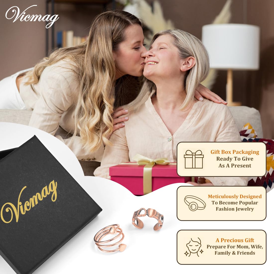 Vicmag 2PCS Magnetic Copper Rings for Women & Men,99.99% Pure Copper Ring with 9X Magnets Gift Adjustable(Heart & Love)