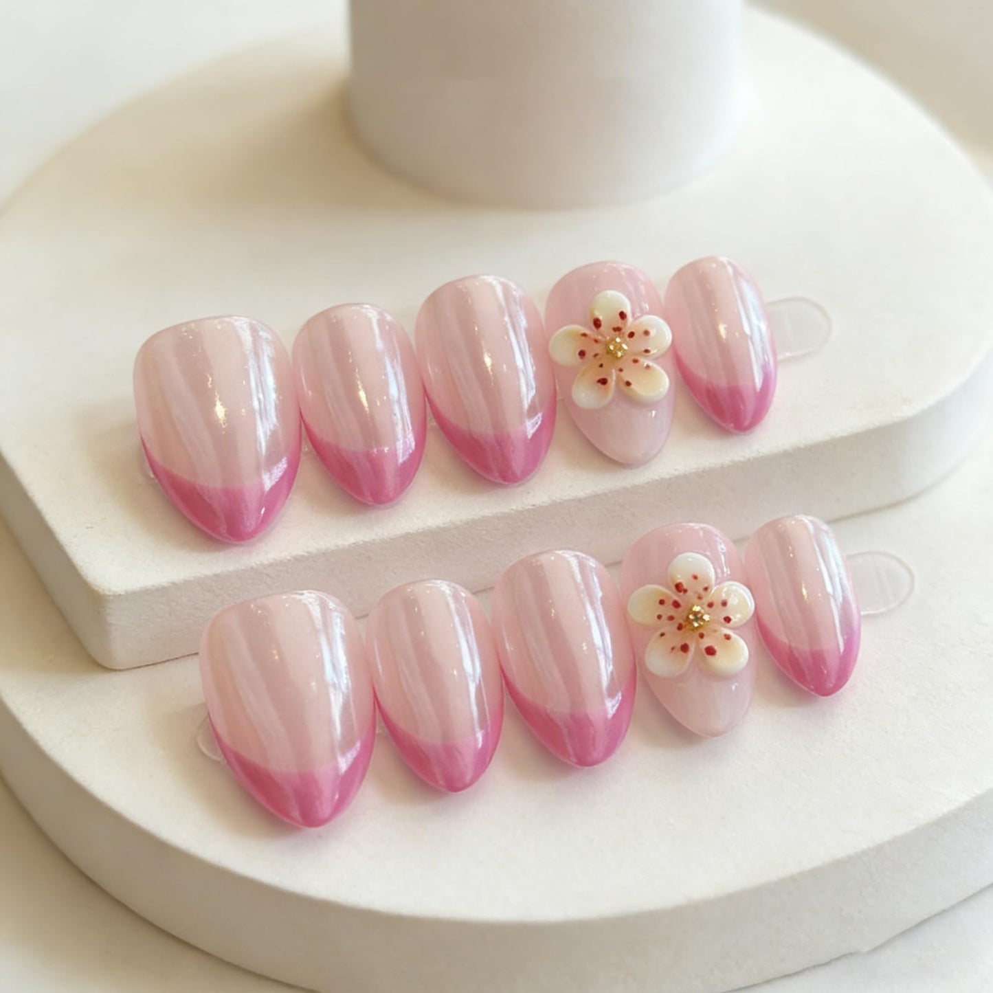 Hand made Press on Nails Medium Pink French Tip Almond Shape Glossy Finish 3D Flower Charms Fake Nails for Women 10 Count M Size