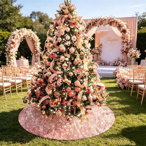 yuboo Rose Gold Summertree Skirt, 48 Inch Sequin Glitter Pink Tree Skirt Mat for Party Wedding Birthday Decor Decorations for the Home