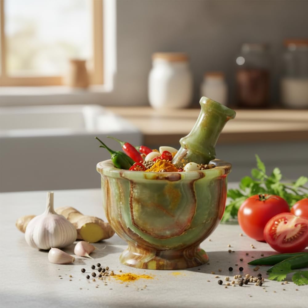 TheWolfard Mortar and Pestle Set – Large Stone Grinder with Polished Bowl & Non-Slip Base | Elegant Onyx Marble Kitchen Tool for Spices, Herbs & Guacamole