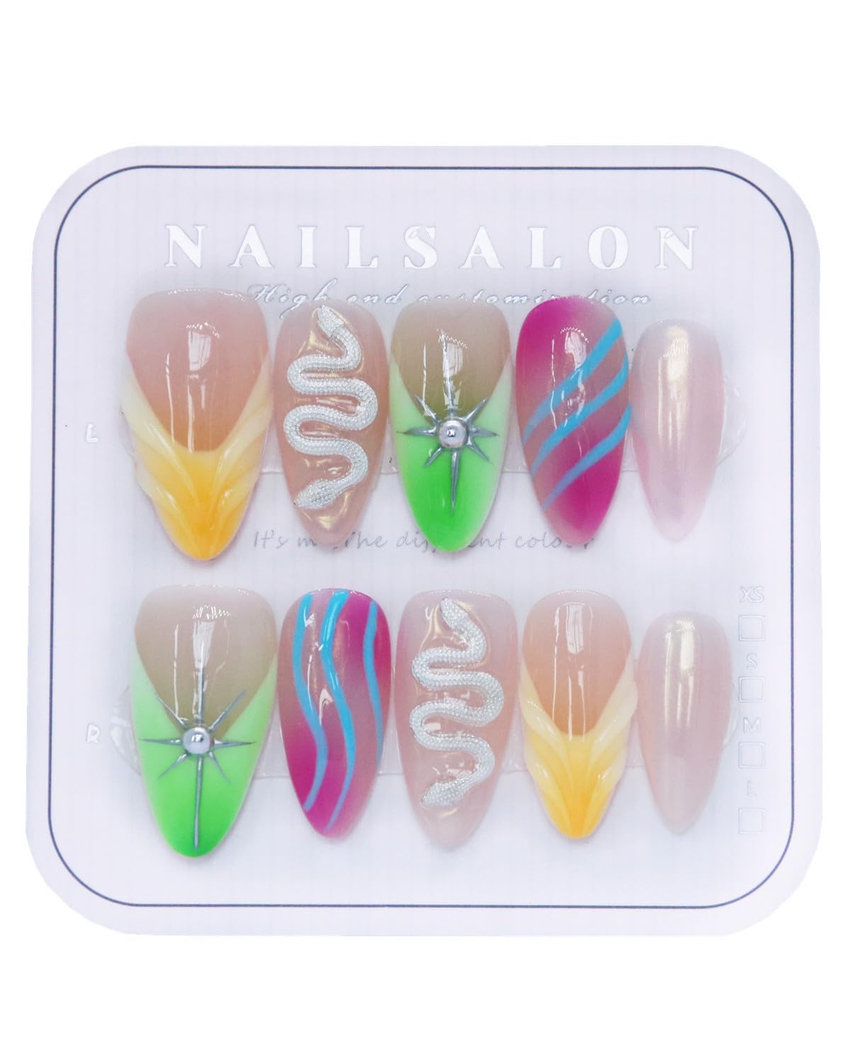 CAMILCY Handmade Nails Press on Long pointed tip Pink Hand Painted Reusable Gel UV Finished Pre Shaped False Nails for Women 10pcs 3D Glitzadora Handmade Nails (A139, L)