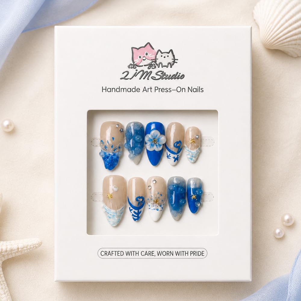 2IM Studio Handmade Press On Nails – 10 Piece Soft Gel Nail Kit with Glue & Tool Set, Reusable Artisan Nails, Salon-Quality Finish (Blue Reef-S)