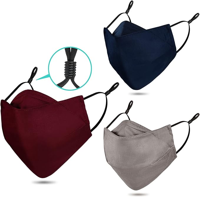 3-Ply Cloth Face Mask Reusable Washable, Organic Cotton Face Masks Nose Wire Filter Pocket Adjustable Ear Loops, Pack of 3 No Fog/Dust for Unisex Adult (1 Blue+1 Burgundy+1 Gray)
