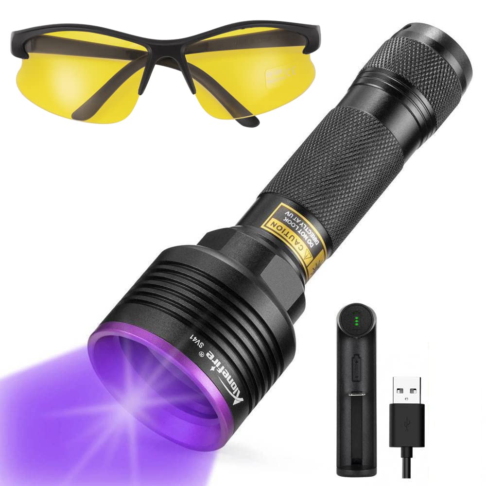 ALONEFIRE SV41 395nm UV Flashlight Light 10W USB Rechargeable Woods Lamp Black Light for Pet Urine Detection, Resin Curing, Scorpion, Fishing, Minerals with UV Protective Glasses, Charger, Battery