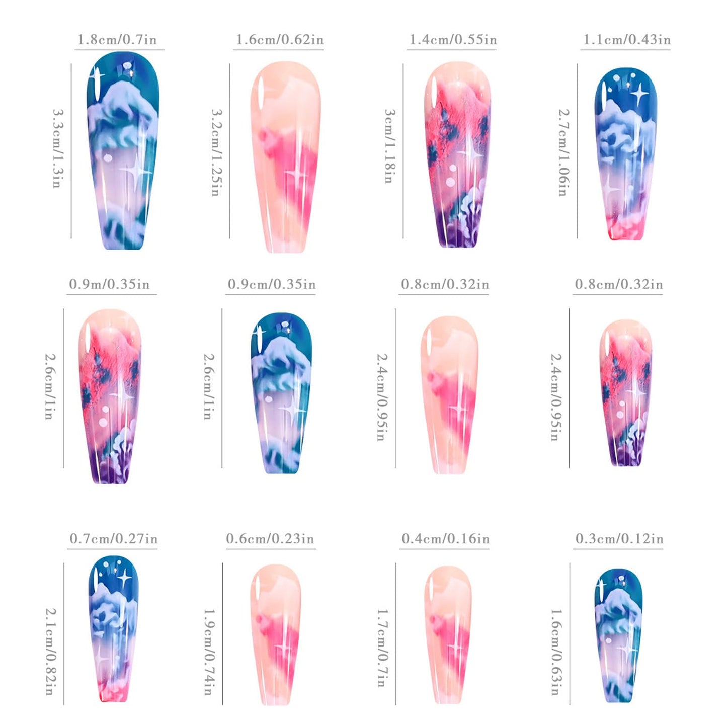 FIEONCIY Press on Nails Coffin Long Glossy Full Cover Acrylic Extra Long Square False Nails with Clouds Designs Artificial Ballerina Fake Nails with Charm Glue Stick on Fingernails for Women Girls