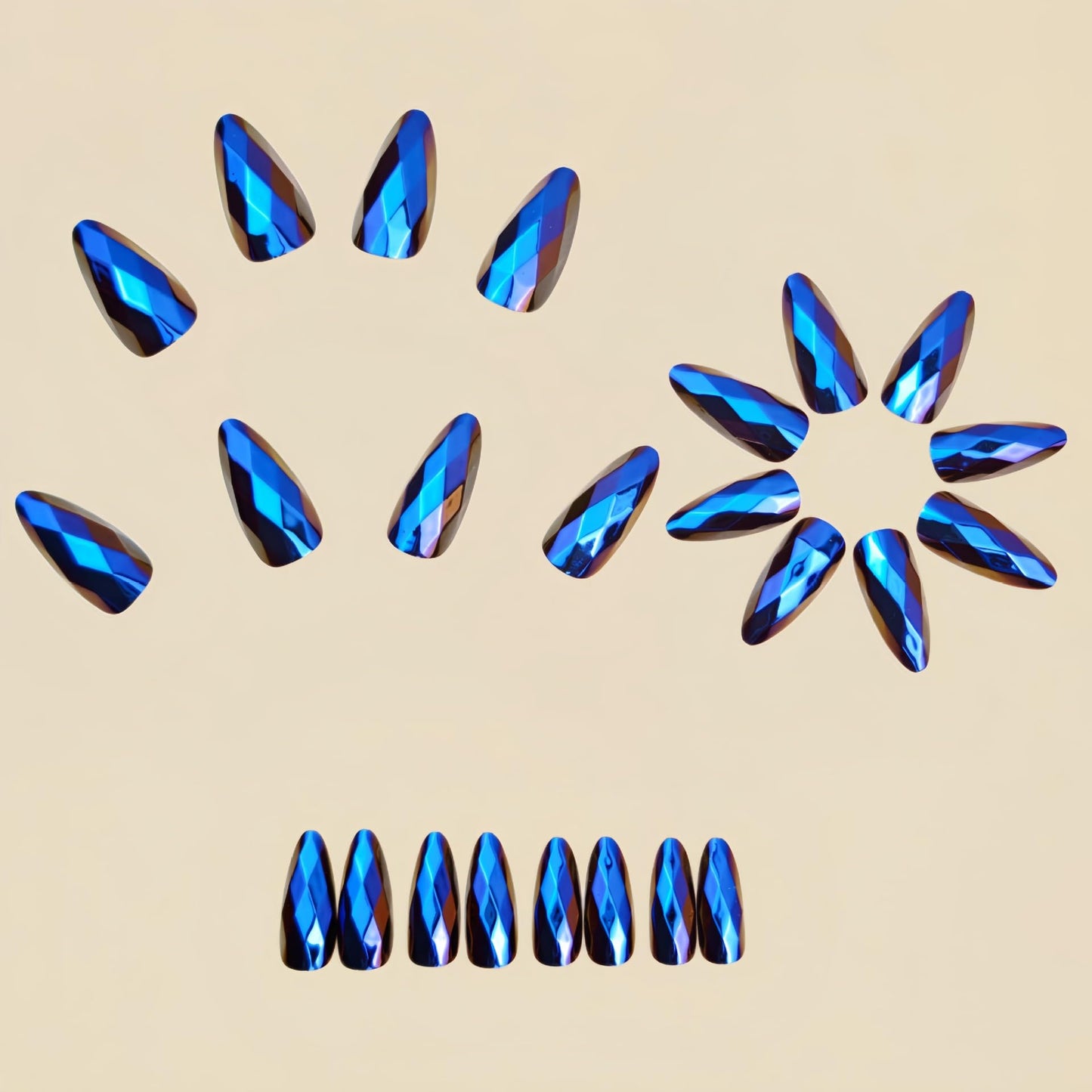 RUOKEXIN Almond Press on Nails Medium Length Fake Nails Blue Chrome False Nails with 3D Rhombus Designs Full Cover Nail Press ons Sparkly Artificial Nails for Women 24Pcs