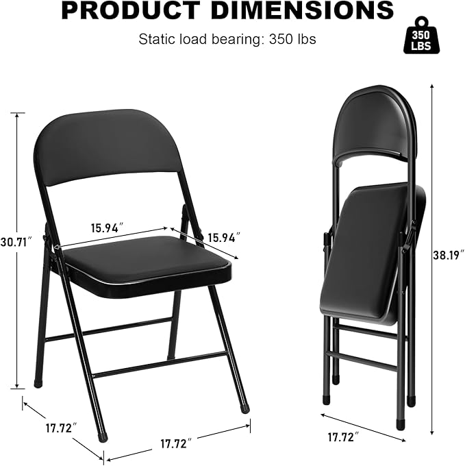 8 Pack Black Folding Chairs with Padded Cushion for Outside, Portable Stackable Commercial Metal Foldable Chairs with Steel Frame for Home Events Office Wedding Party, 350lbs Capacity