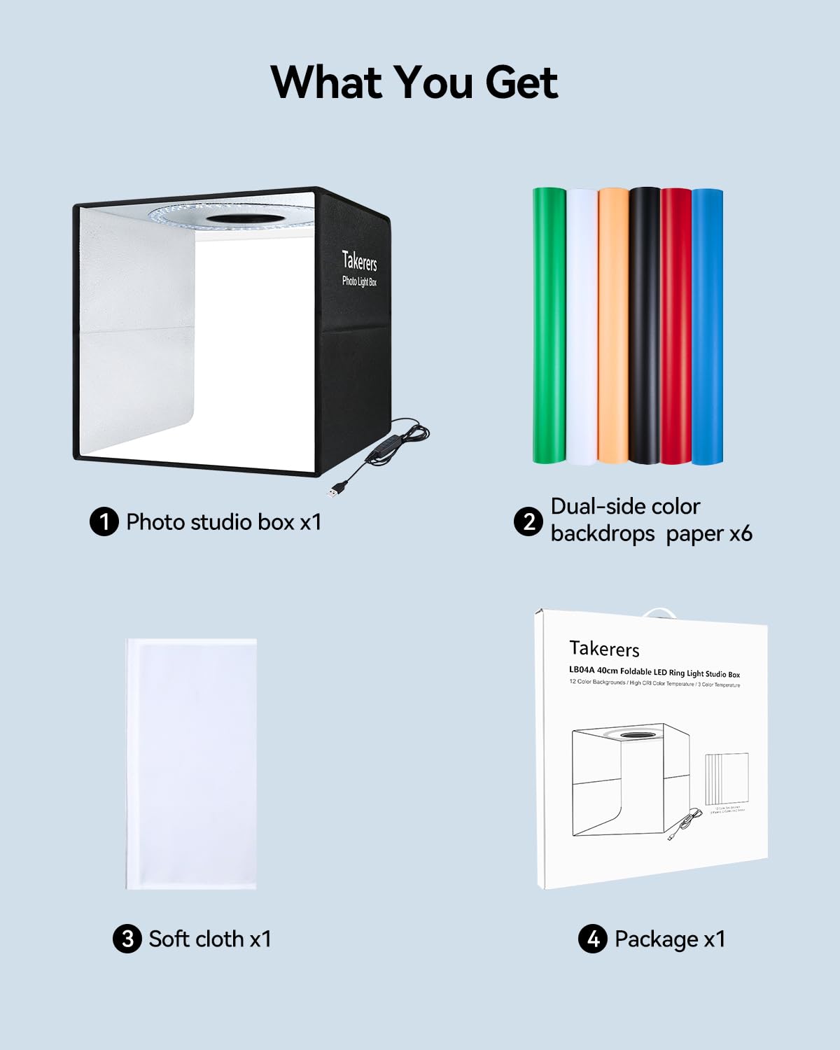 Takerers 16"x16"x16" Photo Studio Light Box Photography Booth with 120 LEDs, 3000-5700k Adjustable, 6 Color Backdrops, Dimmable Folding Shooting Tents for Product