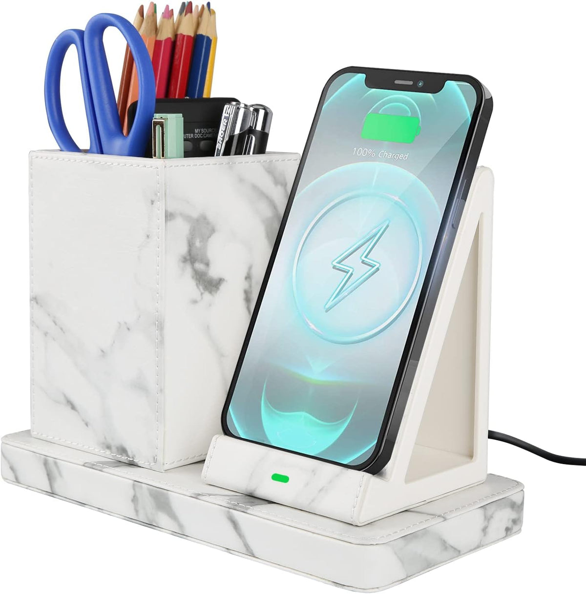 Wireless Charger with Desk Organizer, Wireless Charging Station for iPhone 13/13 Pro Max/13 Pro/12 Series/11/XS Max/XR/X/8Plus/SE 2, Wireless Charging Stand with Leather… (Marble)