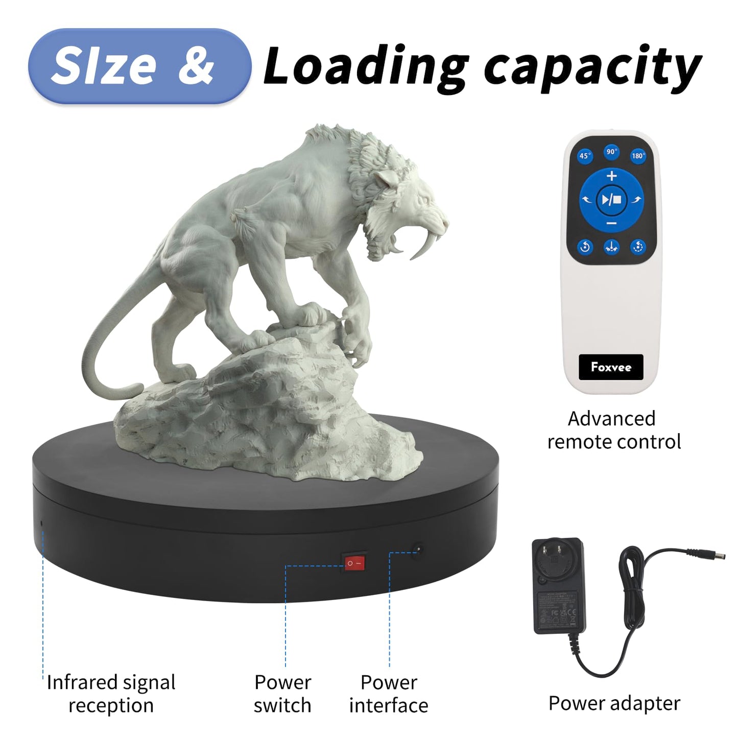 Foxvee Remote-Controlled Motorized Turntable,Heavy Duty Motorized Rotating Display Stand,Speed-Adjustable Rotating Platform,Multi-Mode Photography Turntable for 3D Scan,Showcase(15.8in/Black)