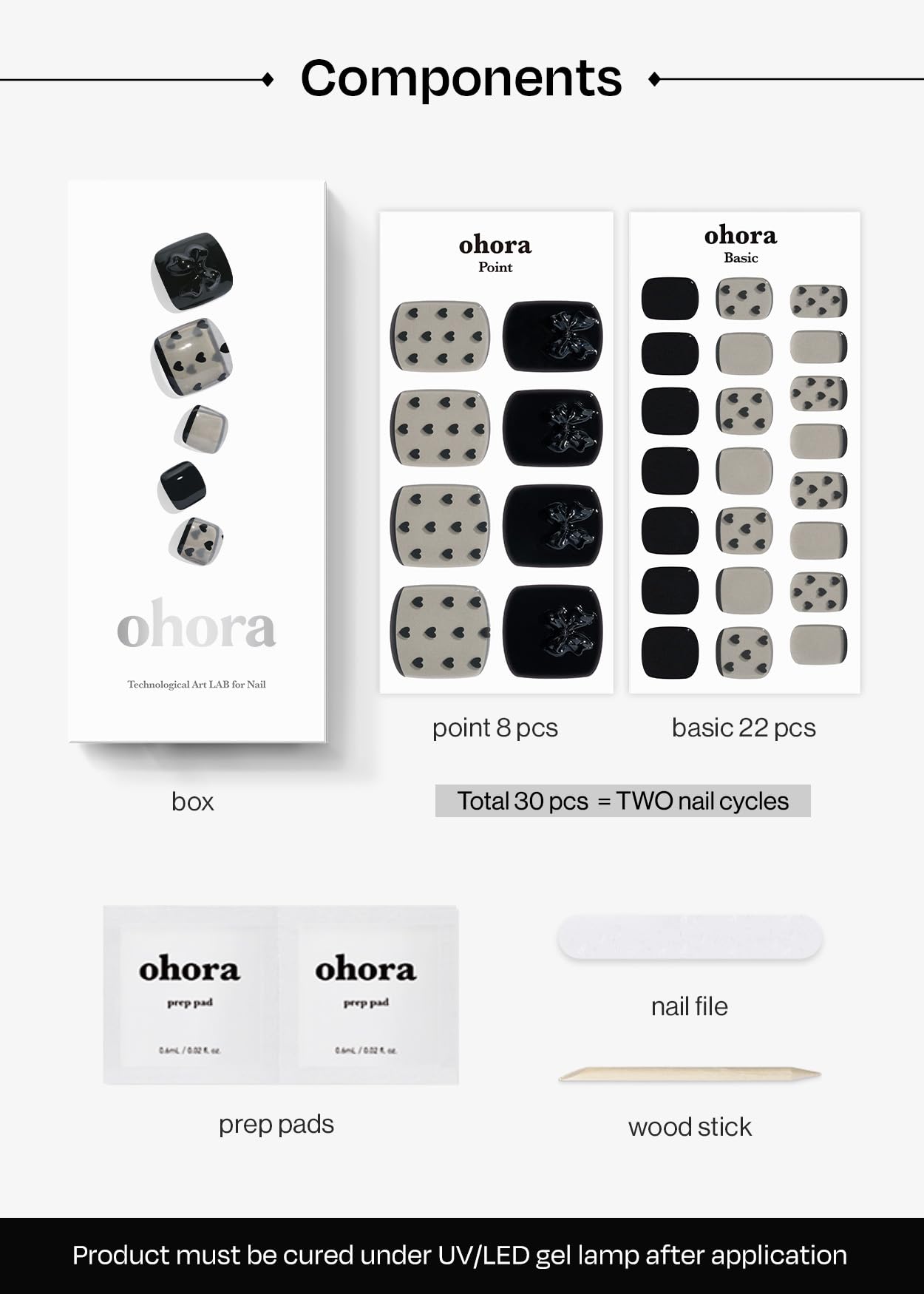 ohora Semi Cured Gel Pedi Strips (P Heart Lace) - Works with Any Nail Lamps, Salon-Quality, Long Lasting, Easy to Apply & Remove - Includes 2 Prep Pads, Nail File & Wooden Stick