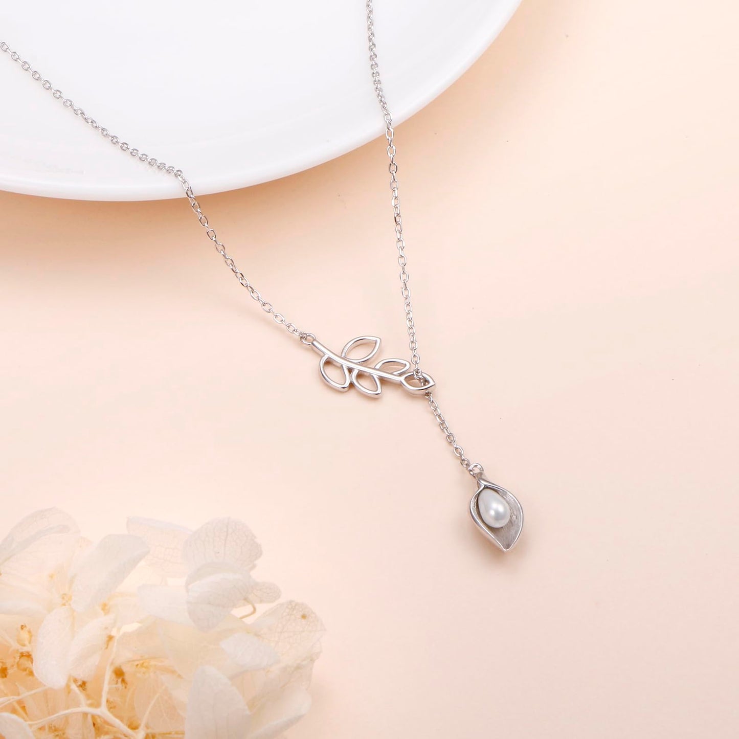 DAOCHONG Long Leaf Y Shaped Lariat Necklace Sterling Silver Calla Lily Long Chain Drop Adjustable Necklace Layered Necklace 30"
