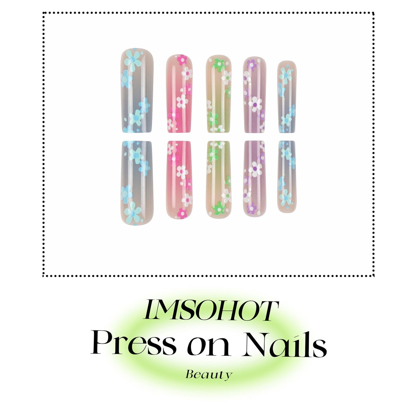 IMSOHOT Long Square Press on Nails Colorful Ombre Fake Nails with Small Flower Designs Glossy Acrylic False Nails Glossy Acrylic Stick on Nails for Women 24Pcs